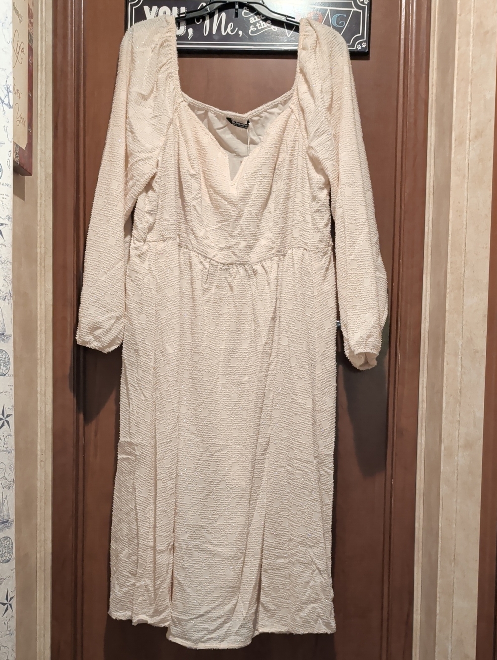 BloomChic Beige Textured Long Sleeve Midi Dress Sparkly